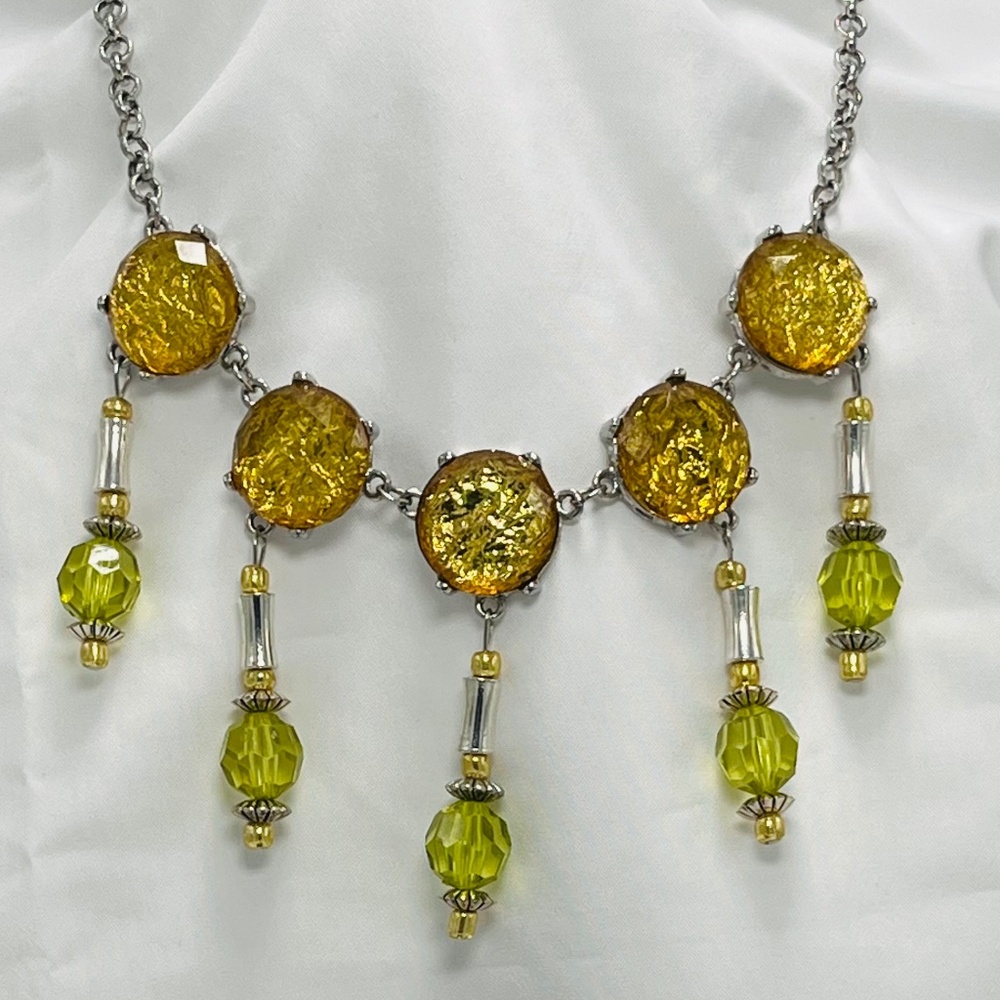 Gold Foiled vintage necklace, re-imagined , with matching wire earrings.